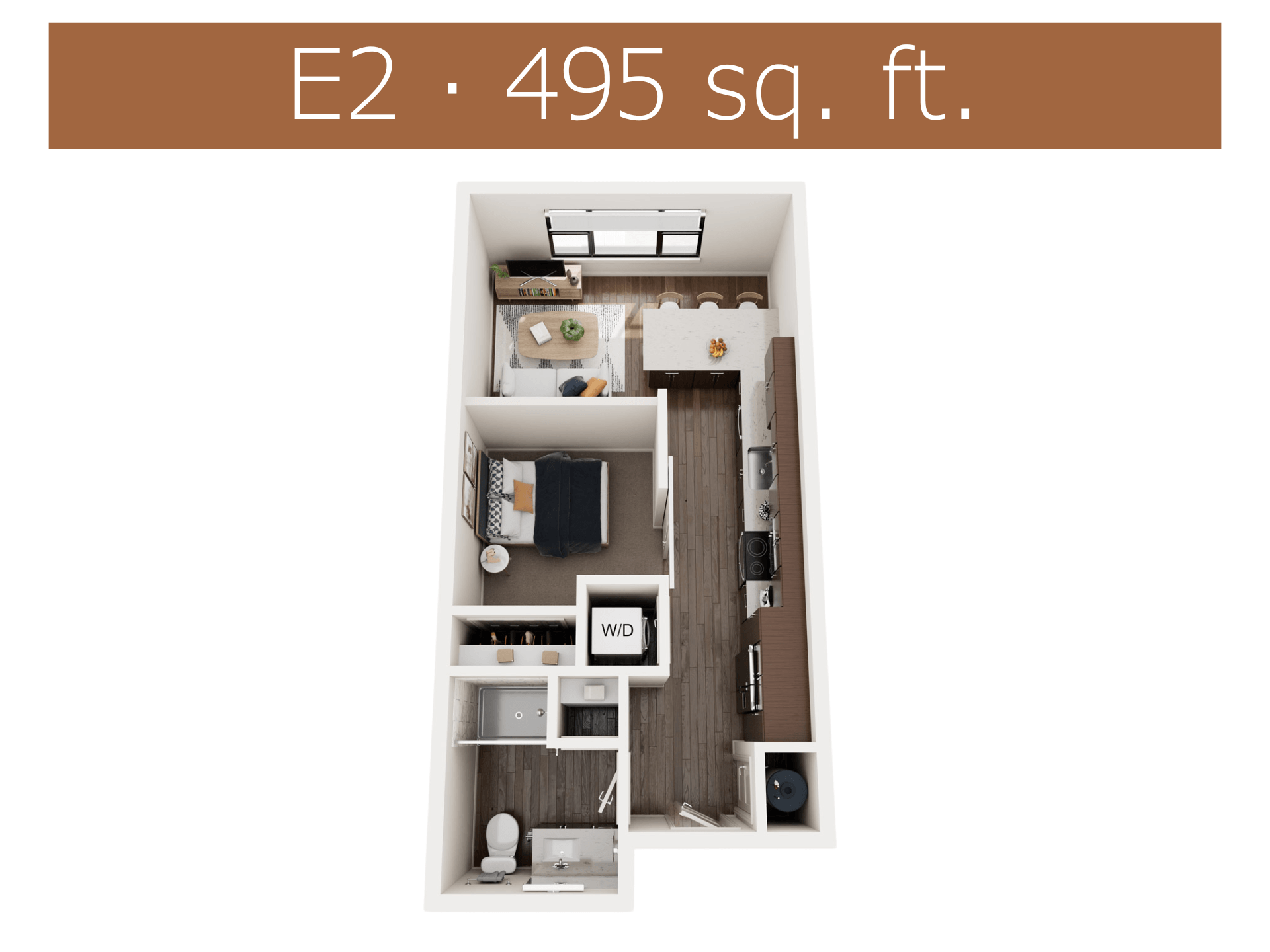 Floor plan for 1 bed, 1 bath, 495 sqft